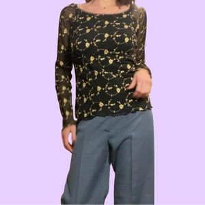 Vintage Petite INC Sheer Embroidered Gold Floral Long Sleeve Black Shirt